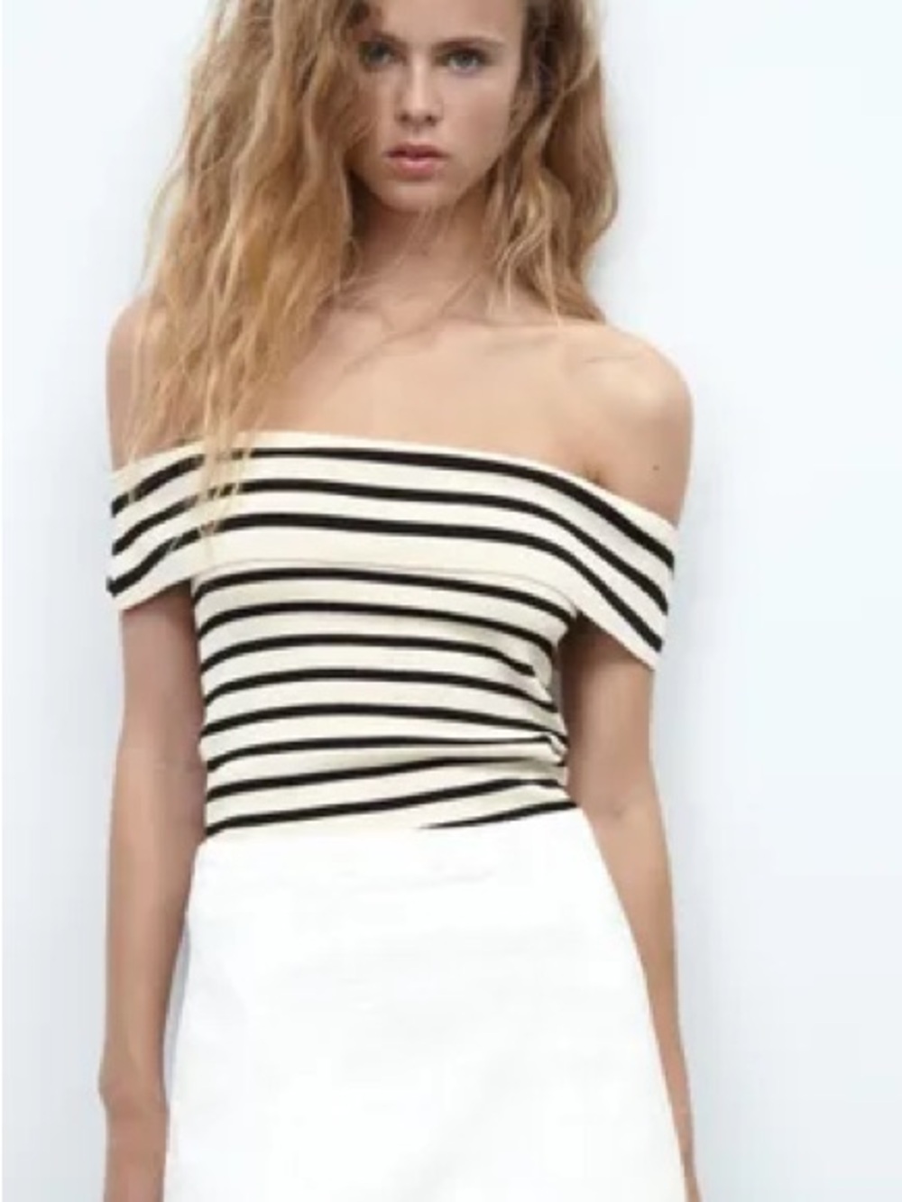 ZARA Black White Striped Off Shoulder Top Nautical XS